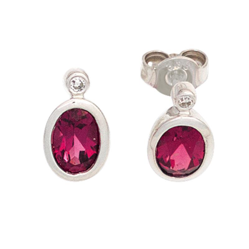585 Weissgold Ohrringe mit 2 Turmaline in pink und 2 Diamanten 0,02ct