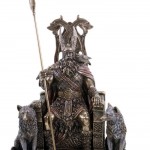 Figur aus Polyresin Odin/Wotan auf seinem Thron mit zwei Wölfen