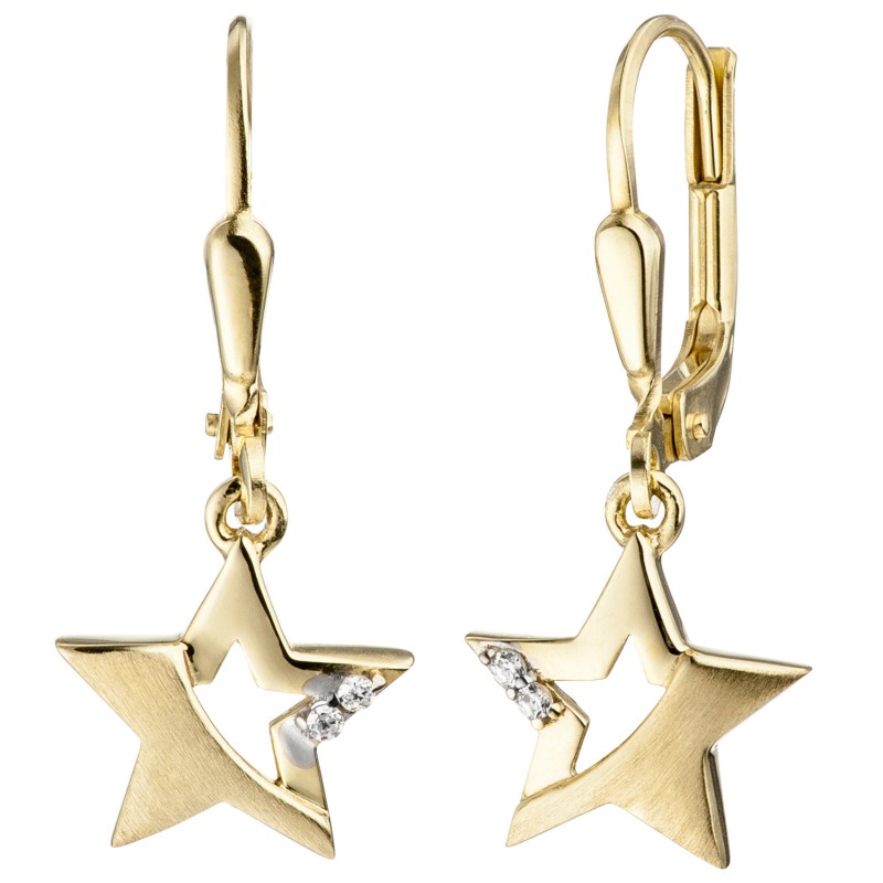 Ohrhänger aus 333 Gold Sterne mit je 2 Zirkon Steinen 24,5 mm