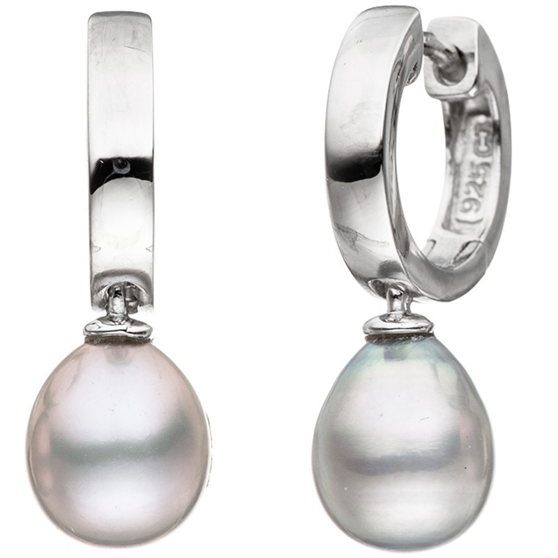 Creolen 925 Silber mit 2 grauen Süsswasser Perlen